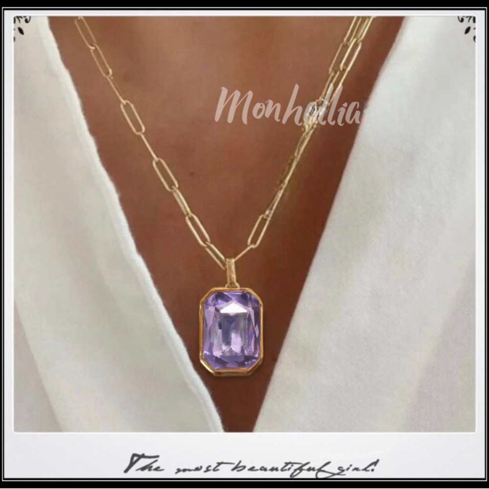 New Gold Purple Amethyst Paperclip Emerald Cut Crystal Minimalist Necklace